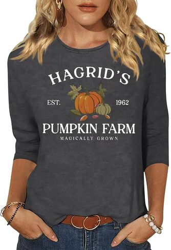 Woffccrd Womens Casual Halloween 3/4 Sleeve Crew Neck Tee Shirts Leopard Pumpkin Shirts Thanksgiving Fall Tops in Saudi Arabia