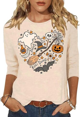 Woffccrd Womens Casual Halloween 3/4 Sleeve Crew Neck Tee Shirts Leopard Pumpkin Shirts Thanksgiving Fall Tops in Saudi Arabia