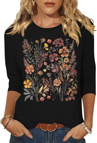 Woffccrd Womens Casual Halloween 3/4 Sleeve Crew Neck Tee Shirts Leopard Pumpkin Shirts Thanksgiving Fall Tops in Saudi Arabia