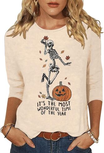Woffccrd Womens Casual Halloween 3/4 Sleeve Crew Neck Tee Shirts Leopard Pumpkin Shirts Thanksgiving Fall Tops in Saudi Arabia