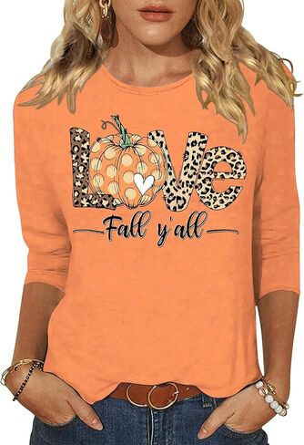 Woffccrd Womens Casual Halloween 3/4 Sleeve Crew Neck Tee Shirts Leopard Pumpkin Shirts Thanksgiving Fall Tops in Saudi Arabia