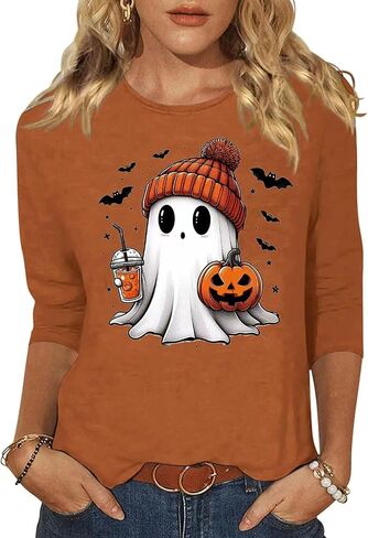 Woffccrd Womens Casual Halloween 3/4 Sleeve Crew Neck Tee Shirts Leopard Pumpkin Shirts Thanksgiving Fall Tops in Saudi Arabia