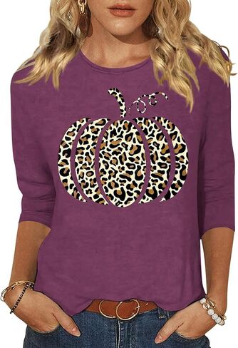Woffccrd Womens Casual Halloween 3/4 Sleeve Crew Neck Tee Shirts Leopard Pumpkin Shirts Thanksgiving Fall Tops in Saudi Arabia