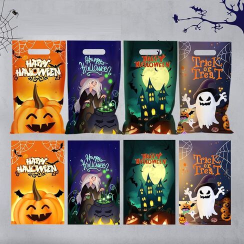 Sainyarh 6.5''x10.5'' Halloween Cellophane Treat Bags with Handle, Halloween Trick or Treat 50 Pack Goodie Bags Halloween Candy Goody Bags for Halloween Decorations Party in Saudi Arabia