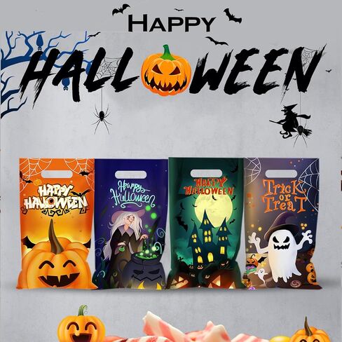 Sainyarh 6.5''x10.5'' Halloween Cellophane Treat Bags with Handle, Halloween Trick or Treat 50 Pack Goodie Bags Halloween Candy Goody Bags for Halloween Decorations Party in Saudi Arabia