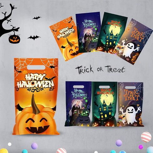 Sainyarh 6.5''x10.5'' Halloween Cellophane Treat Bags with Handle, Halloween Trick or Treat 50 Pack Goodie Bags Halloween Candy Goody Bags for Halloween Decorations Party in Saudi Arabia