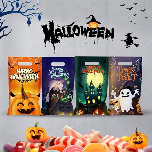 Sainyarh 6.5''x10.5'' Halloween Cellophane Treat Bags with Handle, Halloween Trick or Treat 50 Pack Goodie Bags Halloween Candy Goody Bags for Halloween Decorations Party in Saudi Arabia