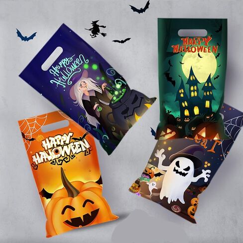 Sainyarh 6.5''x10.5'' Halloween Cellophane Treat Bags with Handle, Halloween Trick or Treat 50 Pack Goodie Bags Halloween Candy Goody Bags for Halloween Decorations Party in Saudi Arabia