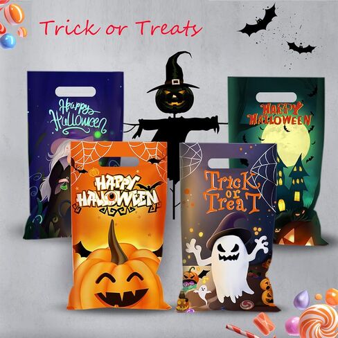 Sainyarh 6.5''x10.5'' Halloween Cellophane Treat Bags with Handle, Halloween Trick or Treat 50 Pack Goodie Bags Halloween Candy Goody Bags for Halloween Decorations Party in Saudi Arabia