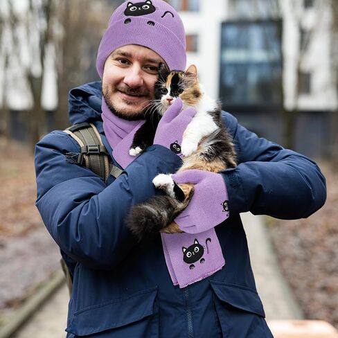 Geyoga Winter Beanie Cat Hat Scarf Gloves Knit Fleece Warmer Set for Men Women Christmas Cat Lover Gifts in Saudi Arabia