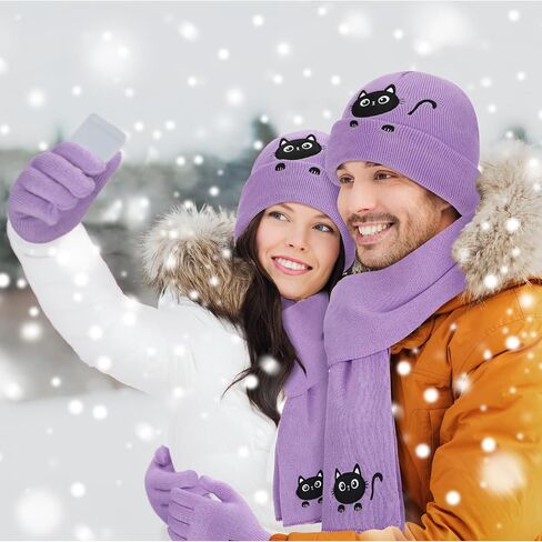 Geyoga Winter Beanie Cat Hat Scarf Gloves Knit Fleece Warmer Set for Men Women Christmas Cat Lover Gifts in Saudi Arabia
