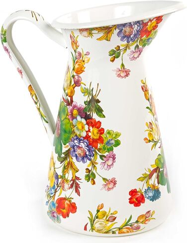 MACKENZIE-CHILDS Practical Enamel Pitcher, Decorative Pitcher for Drinks, Flowers, and Decor, Large, White Flower Market in Saudi Arabia