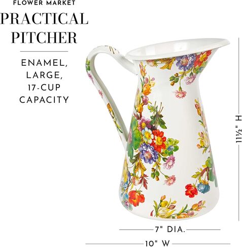 MACKENZIE-CHILDS Practical Enamel Pitcher, Decorative Pitcher for Drinks, Flowers, and Decor, Large, White Flower Market in Saudi Arabia