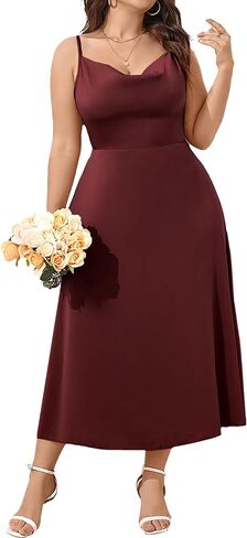 SCOMCHIC Women Plus Size Satin Wedding Guest Dress Spaghetti Strap Cowl Neck Smocked Party Cocktail A-Line Maxi Dresses in Saudi Arabia