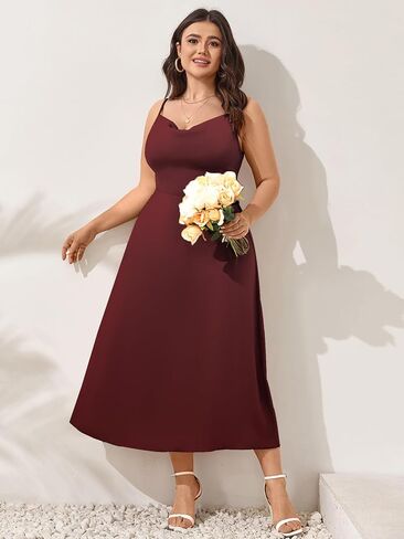 SCOMCHIC Women Plus Size Satin Wedding Guest Dress Spaghetti Strap Cowl Neck Smocked Party Cocktail A-Line Maxi Dresses in Saudi Arabia