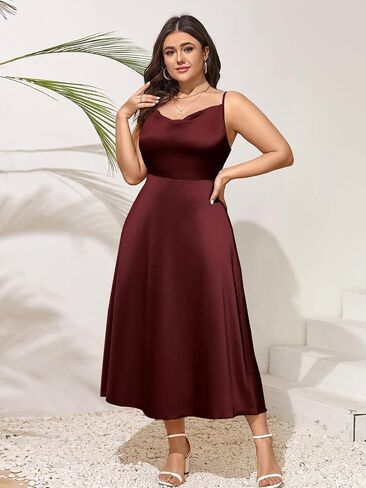 SCOMCHIC Women Plus Size Satin Wedding Guest Dress Spaghetti Strap Cowl Neck Smocked Party Cocktail A-Line Maxi Dresses in Saudi Arabia