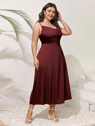 SCOMCHIC Women Plus Size Satin Wedding Guest Dress Spaghetti Strap Cowl Neck Smocked Party Cocktail A-Line Maxi Dresses in Saudi Arabia