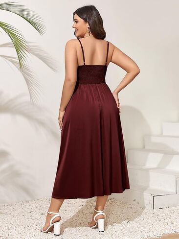 SCOMCHIC Women Plus Size Satin Wedding Guest Dress Spaghetti Strap Cowl Neck Smocked Party Cocktail A-Line Maxi Dresses in Saudi Arabia