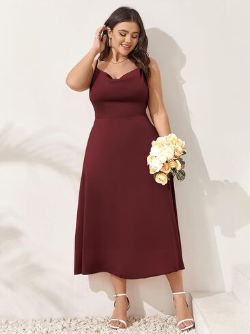 SCOMCHIC Women Plus Size Satin Wedding Guest Dress Spaghetti Strap Cowl Neck Smocked Party Cocktail A-Line Maxi Dresses in Saudi Arabia