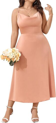 SCOMCHIC Women Plus Size Satin Wedding Guest Dress Spaghetti Strap Cowl Neck Smocked Party Cocktail A-Line Maxi Dresses in Saudi Arabia