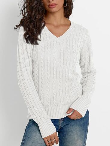 LILLUSORY Women's Cable Knit V Neck Sweater Soft Vintage Trendy Cute Pullover Sweaters in Kuwait