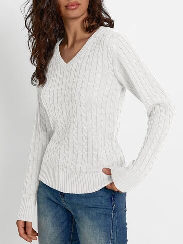LILLUSORY Women's Cable Knit V Neck Sweater Soft Vintage Trendy Cute Pullover Sweaters in Kuwait