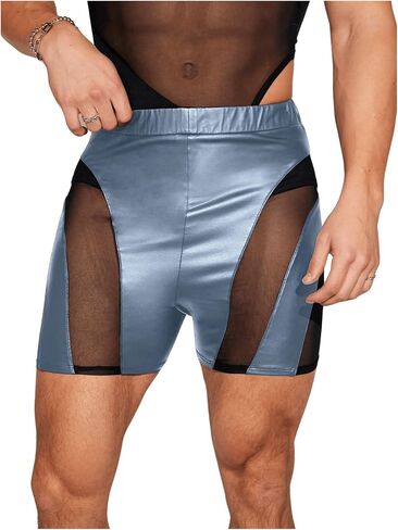 GORGLITTER Men's PU Leather Shorts Sheer Mesh Elastic Waist Rave Hot Short Pants in Saudi Arabia
