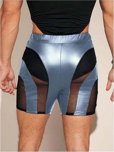 GORGLITTER Men's PU Leather Shorts Sheer Mesh Elastic Waist Rave Hot Short Pants in Saudi Arabia