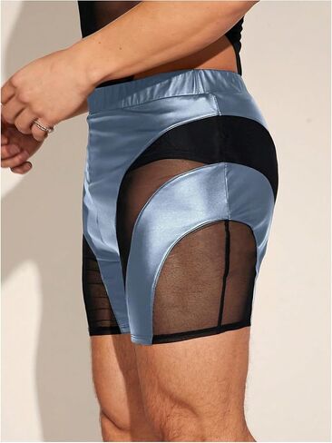 GORGLITTER Men's PU Leather Shorts Sheer Mesh Elastic Waist Rave Hot Short Pants in Saudi Arabia