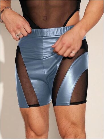 GORGLITTER Men's PU Leather Shorts Sheer Mesh Elastic Waist Rave Hot Short Pants in Saudi Arabia