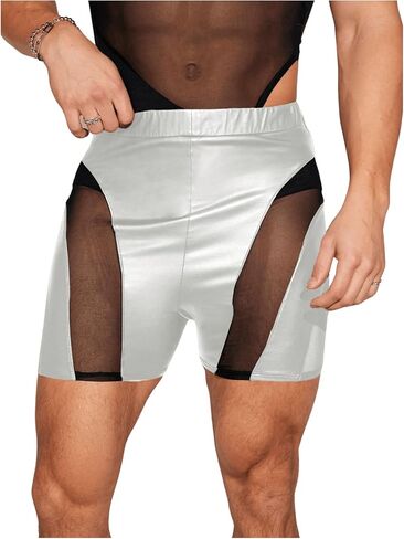 GORGLITTER Men's PU Leather Shorts Sheer Mesh Elastic Waist Rave Hot Short Pants in Saudi Arabia