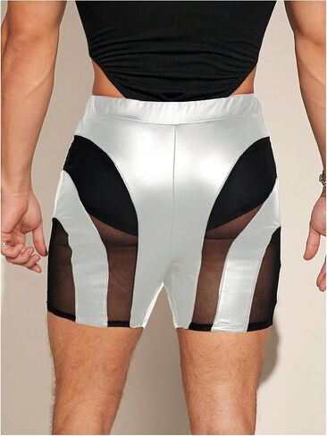 GORGLITTER Men's PU Leather Shorts Sheer Mesh Elastic Waist Rave Hot Short Pants in Saudi Arabia