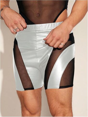 GORGLITTER Men's PU Leather Shorts Sheer Mesh Elastic Waist Rave Hot Short Pants in Saudi Arabia