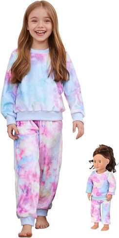 QPANCY Matching Doll & Girls Fleece Pjs Set kids Fall Winter Long Sleeve Sleepwear 2 Piece Pajamas in Saudi Arabia