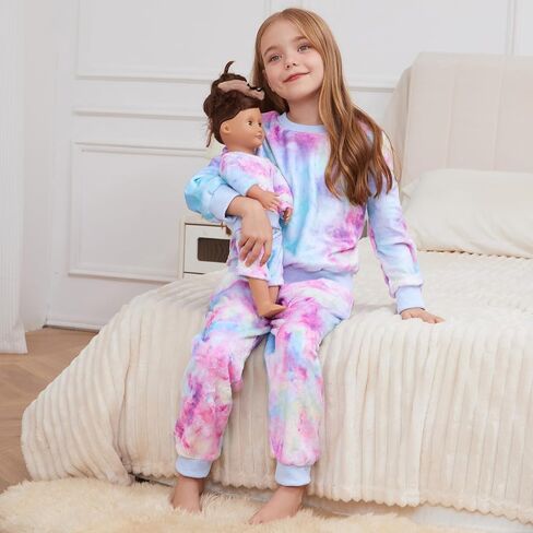 QPANCY Matching Doll & Girls Fleece Pjs Set kids Fall Winter Long Sleeve Sleepwear 2 Piece Pajamas in Saudi Arabia