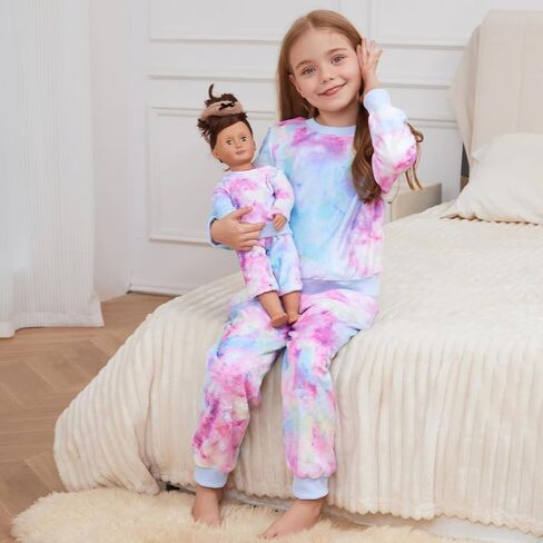 QPANCY Matching Doll & Girls Fleece Pjs Set kids Fall Winter Long Sleeve Sleepwear 2 Piece Pajamas in Saudi Arabia