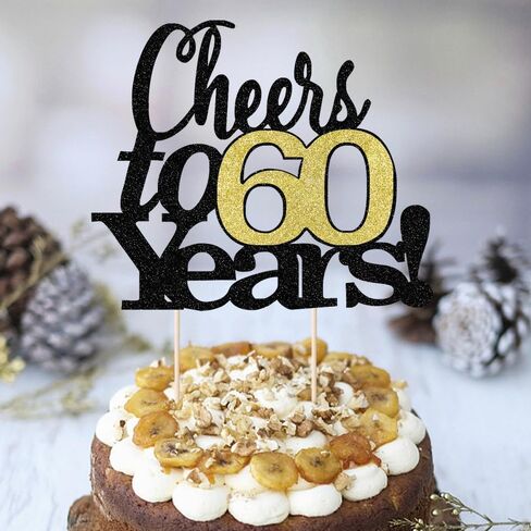 LVEUD Black Font Golden Numbers Cheers to 60 Years Happy Birthday Cake Topper -Wedding,Anniversary,Birthday Party Decorations (60th) in Kuwait