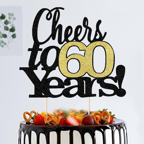 LVEUD Black Font Golden Numbers Cheers to 60 Years Happy Birthday Cake Topper -Wedding,Anniversary,Birthday Party Decorations (60th) in Kuwait
