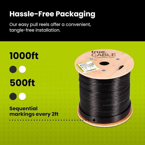 كابل إيثرنت خارجي TRUE CABLE Cat6، محمي F/UTP، 1000 قدم، أسود، مقاوم للأشعة فوق البنفسجية، سترة OSP، 23AWG من النحاس الصلب العاري، 550 ميجاهرتز، PoE++ (4PPoE) in Kuwait