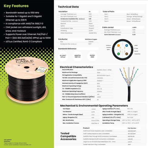 كابل إيثرنت خارجي TRUE CABLE Cat6، محمي F/UTP، 1000 قدم، أسود، مقاوم للأشعة فوق البنفسجية، سترة OSP، 23AWG من النحاس الصلب العاري، 550 ميجاهرتز، PoE++ (4PPoE) in Kuwait