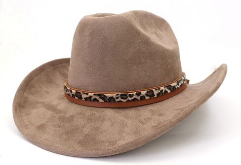 Classic Suede Cowboy Hat for Adult Wide Brim Western Cowgirl Hat Women Fedora Hat with Leopard Print Hatband in Saudi Arabia