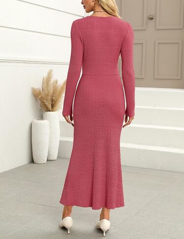 Zattcas Womens 2024 Fall Winter Bodycon Maxi Dress Casual Long Sleeve Ruched V Neck Texture Knit A-Line Long Dresses in Saudi Arabia