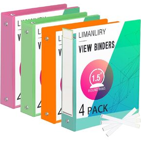 3 Ring Binders,1.5 inch Round Ring View Binders Holds 11"*8.5" Papers,Assorted Colors,4 Pack
