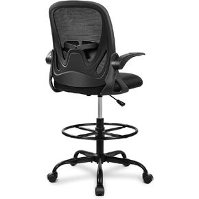 Primy Drafting Chair Tall Office Chair with Flip-up Armrests Executive Ergonomic Computer Standing Desk Chair with Lumbar Support and Adjustable Footrest Ring (Black)