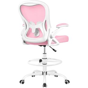 Drafting Chair, Tall Office Chair Ergonomic Standing Desk Chair, Lumbar Support Computer Chair Swivel Task Rolling Chair with Adjustable Flip-up Armrests & Foot Ring (Gray)