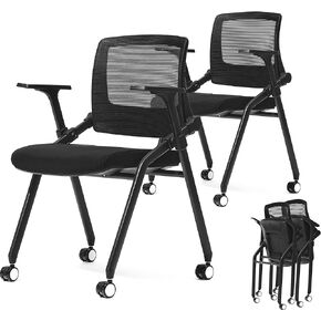 FYLICA Foldable Office Chair Set of 2 with PU Wheels Ergonomic Mesh Bouncing Back, Stackable Conference Room Chair, Office Guest & Reception & Meeting Chair (Black)
