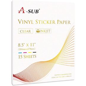 A-SUB Clear Sticker Paper for Inkjet Printers - Waterproof Transparent Printable Vinyl Sticker Paper - 15 Sheets 8.5x11 Inch Glossy Clear Label Paper for Custom Stickers, Decals
