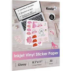 Koala Printable Vinyl Sticker Paper for Inkjet Printers - 20 Sheets Glossy White Water-Resistant Adhesive Label Paper - 8.5x11 Inch, Tear-Resistant, Removable