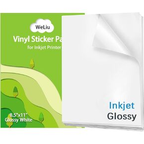 Printable Vinyl Sticker Paper for Inkjet Printer - Glossy White - 21 Waterproof Decal Paper Self-Adhesive Sheets 8.5"x11"- Dries Quickly and Holds Ink Beautifully