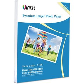 Uinkit 100 Sheets Inkjet Photo Paper Glossy 8.5x11 48lb 180Gsm Professional Photographic Paper Letter Size 8.5Mil Instant Dry Suitable for All Ink Printers